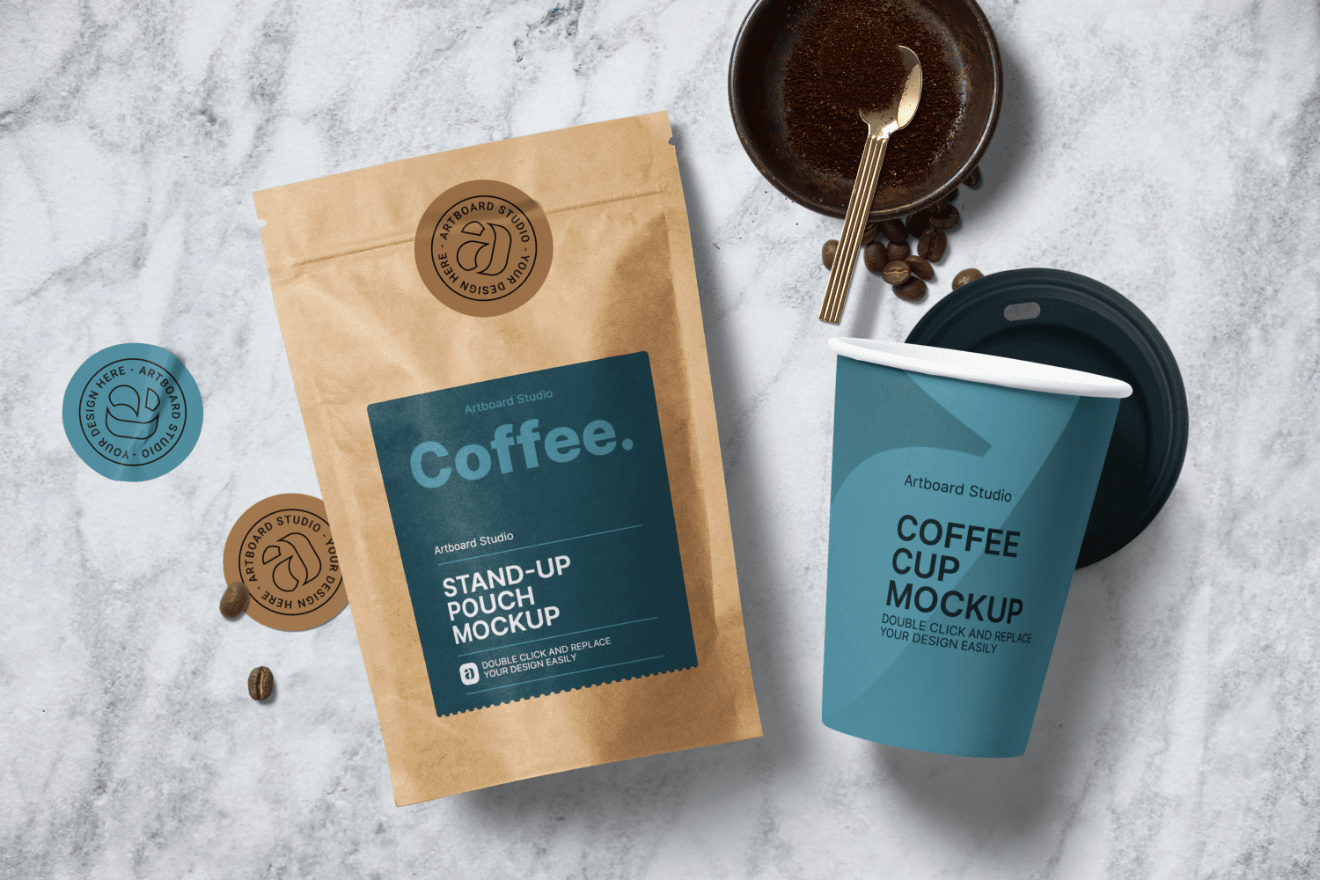 · placeit · smart mockups · media modifier · renderforest · artboard studio · vexels · printify . Coffee Packaging And Paper Cup Mockup Template
